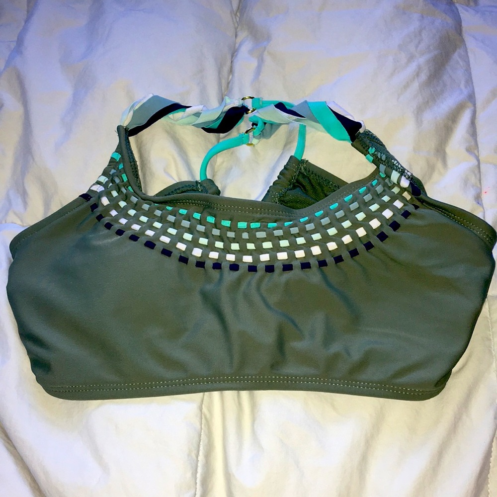 Bikini top Large olive green, white, navy blue EUC swim suit top